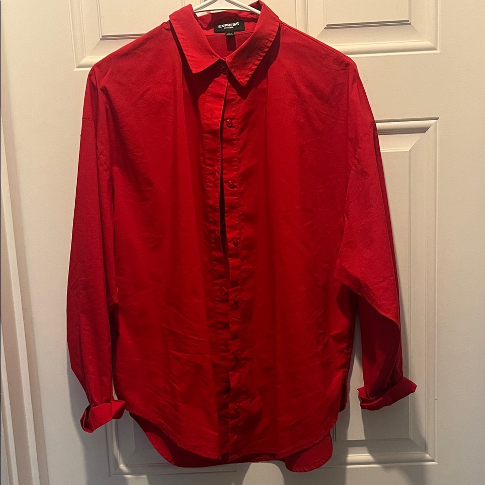 Express Red Women’s Drop Shoulder Boyfriend Button Up Shirt